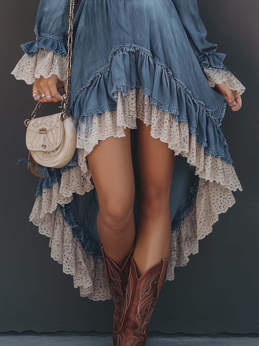 Vintage Irregular Hem Lace Trim Denim Midi Dress