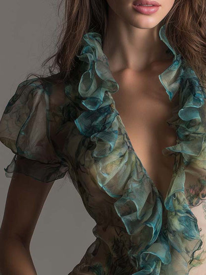 Elegant Boho Ruffled Sheer Floral Chiffon Top