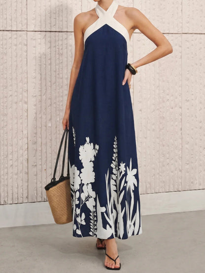 Women's Summer Vacation Halter Backless Bow Bandage Contrast Color Large Swing Dress