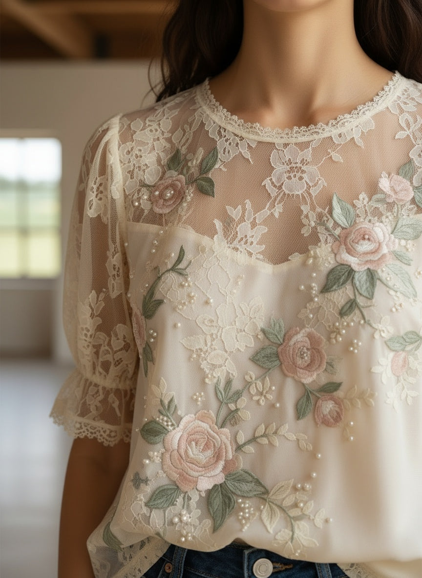 Elegant Embroidered Floral Lace Blouse for Women