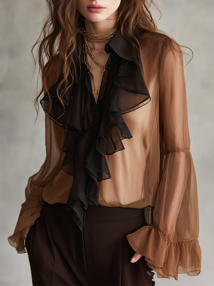 Retro Contrasting Double Layer Chiffon Ruffle Bell Sleeves Blouse