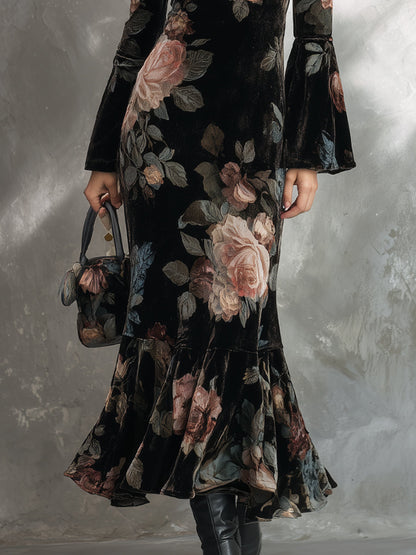 Elegant Rose Print Velvet Fishtail Midi Dress
