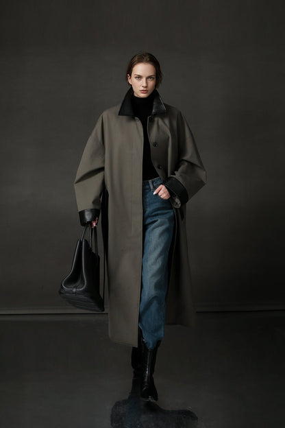 Barn-Style Chic Lambskin Leather Collar Trench Coat for Women – Gender-Neutral Long Autumn Overcoat with Unique Design