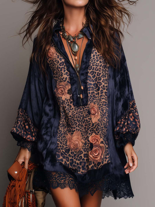 Retro Zip-up Collar Leopard Print Floral Polyester Satin Mini Dress