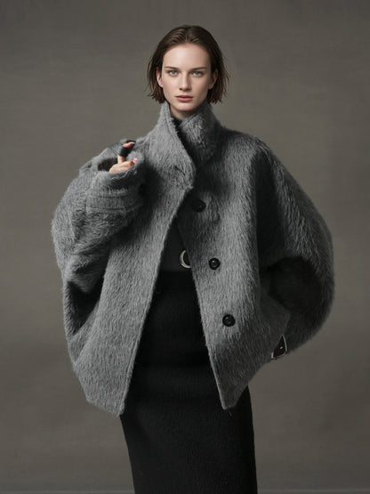 Alpaca Wool Biker Jacket for Women – Stand Collar Suoli Alpaca Coat with Luxe Textured Finish, Winter Chic Outerwear