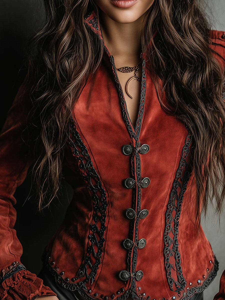 Vintage Rust Red Velvet Jacket With Lace Trim And Ruffled Cuffs