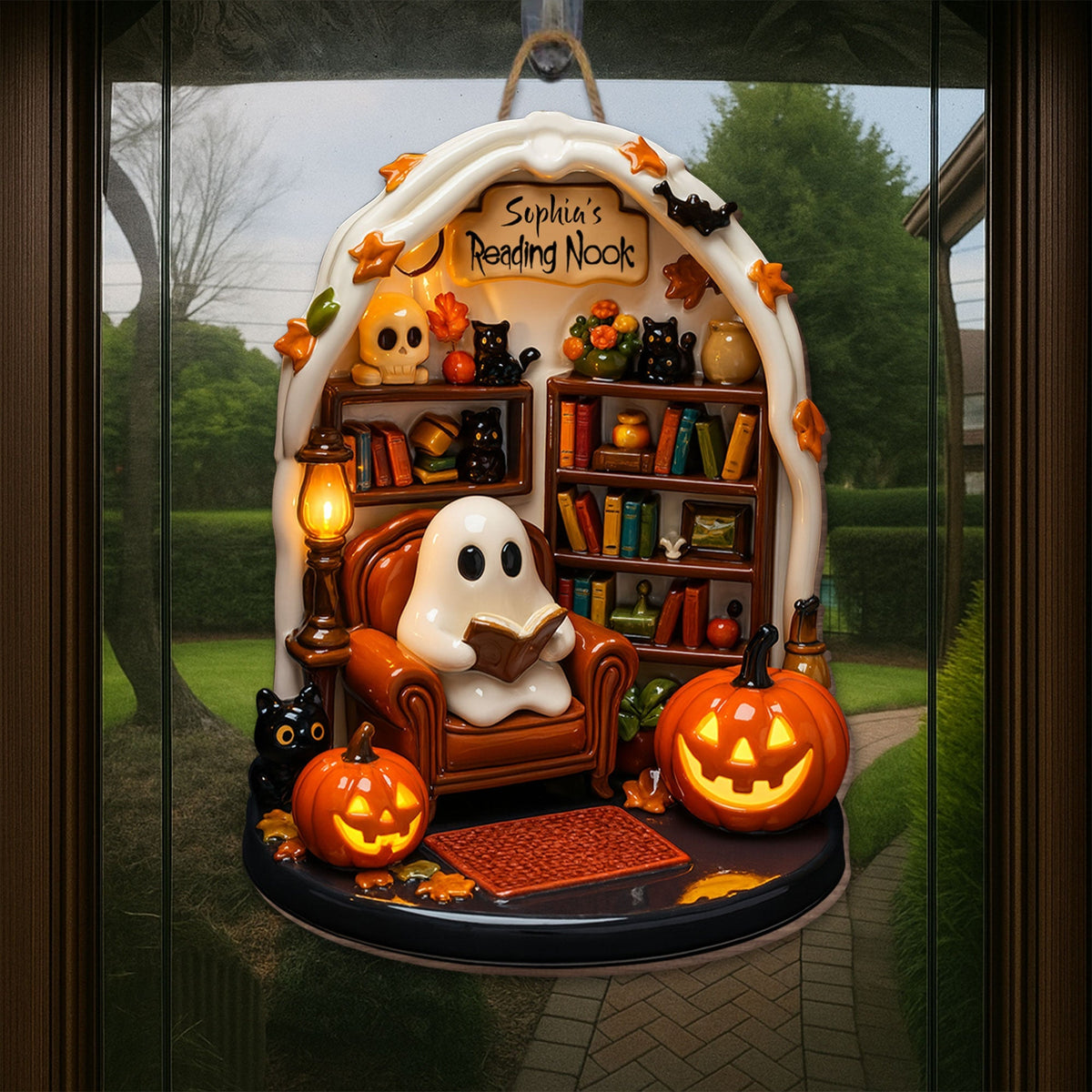 Sophia's Reading Nook With Ghost, Pumpkins, And Books - Personalized Custom Shaped Wood Sign