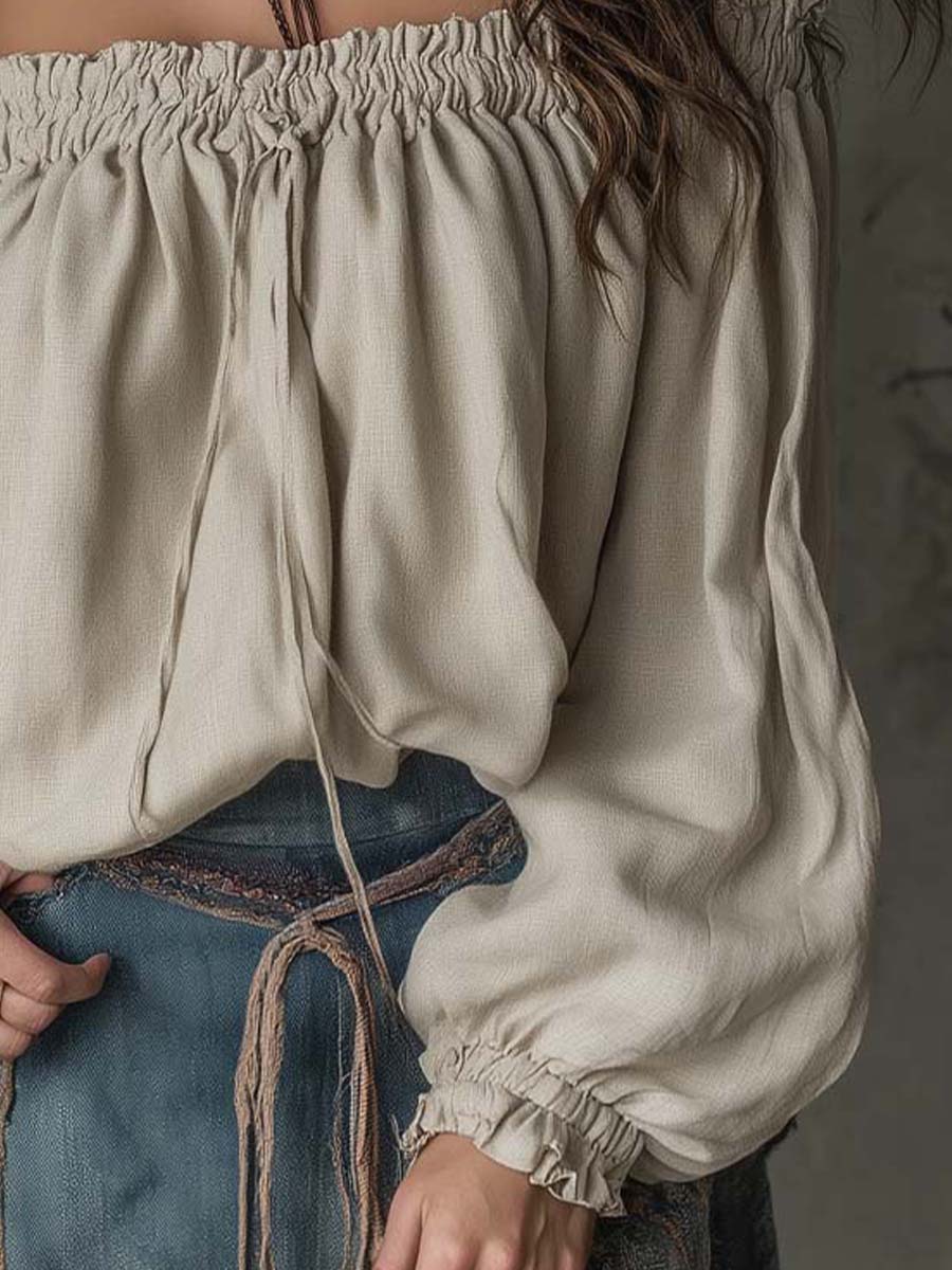 Natural Texture Off-Shoulder Drawstring Blouse