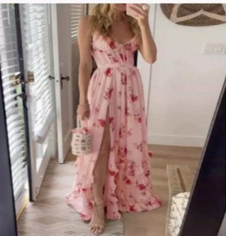 New Hot-selling Chiffon Print See-through Slit Suspender Dress