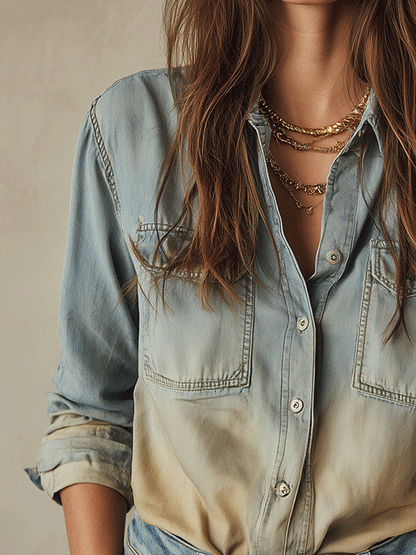 Casual Retro Light Wash Gradient Denim Shirt