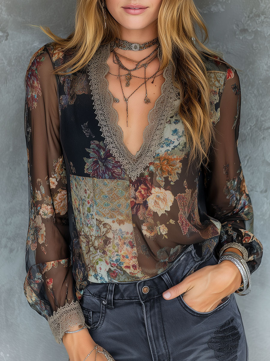 Vintage Charm V-Neck Sheer Patchwork Floral Lace Blouse