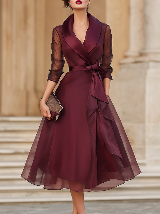 Enchanted Romance Sheer-Sleeve Wrap Midi Wedding Guest Dress