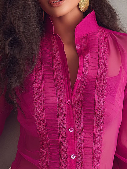 Romantic Hot Pink Sheer Pleated Lace Blouse