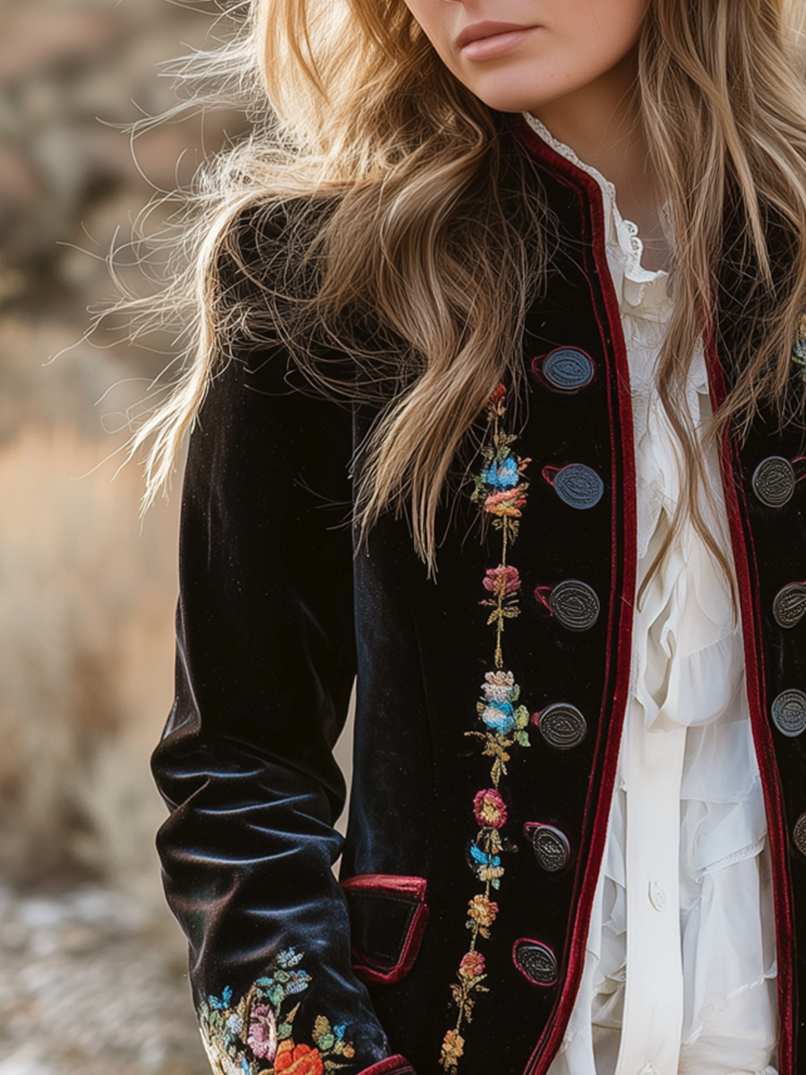 Vintage Floral Embroidered Velvet Blazer
