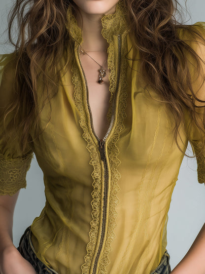 Victorian Lace Trim Zip Front Short Sleeve Blouse