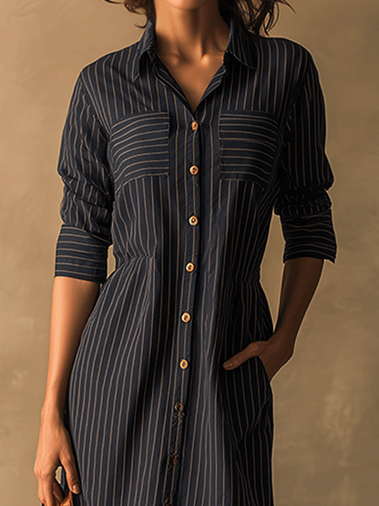 Classic Lapel Button Fit Striped Midi Dress