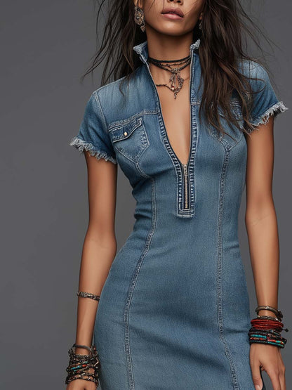 Retro Split Hem Frayed Trim Denim Midi Dress