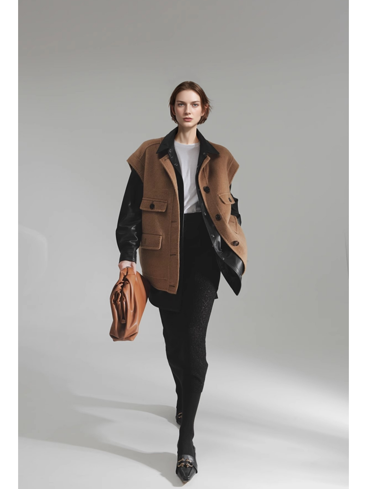 Luxury Camel Hair Vest for Women – Reversible Wool Gilet Winter Sleeveless Coat