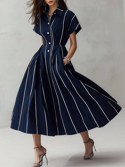 Retro Striped Bat Sleeve Waist Midi Dress