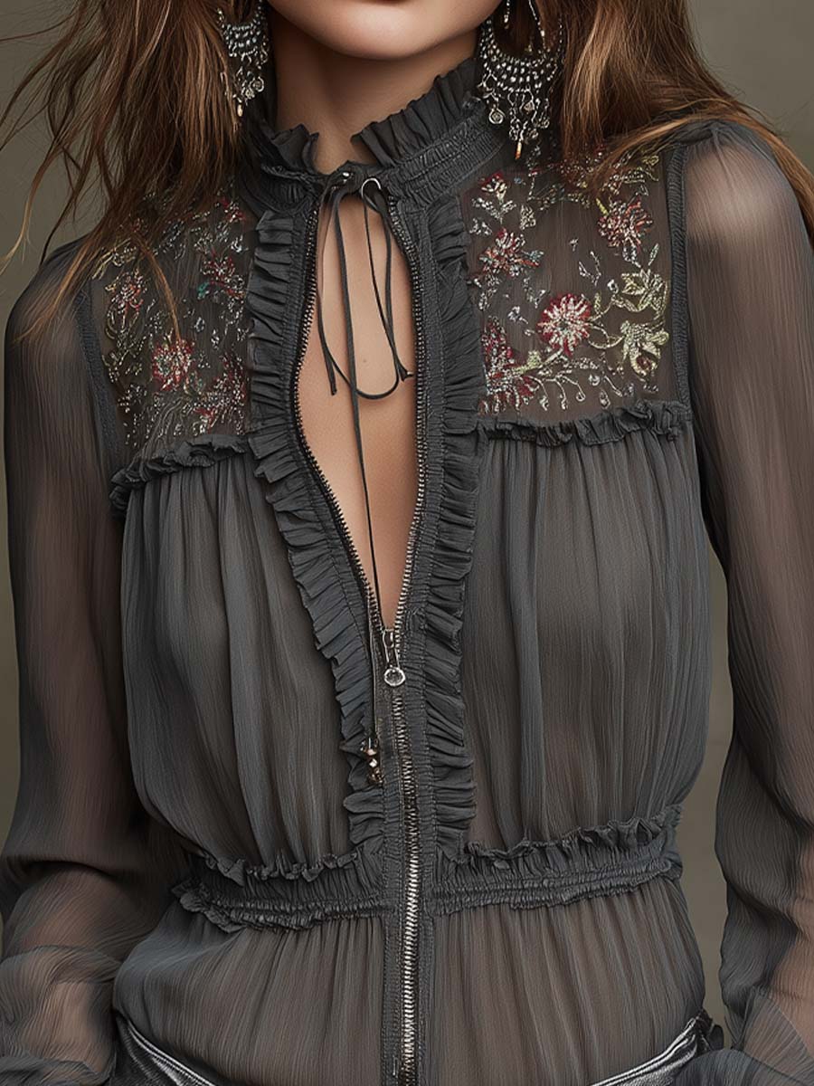 Sheer Embroidered Ruffle Zip-Front Chiffon Blouse