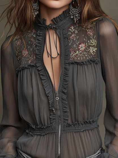 Sheer Embroidered Ruffle Zip-Front Chiffon Blouse