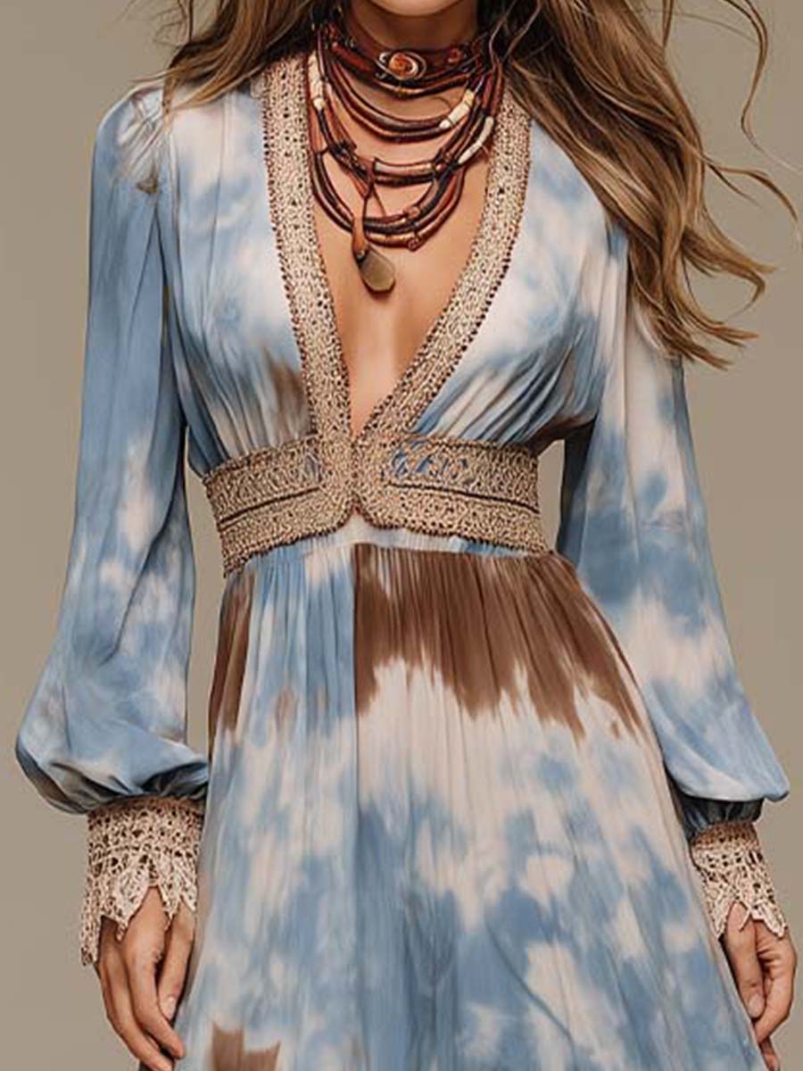 Bohemian Tie-dye Print Crochet Maxi Dress