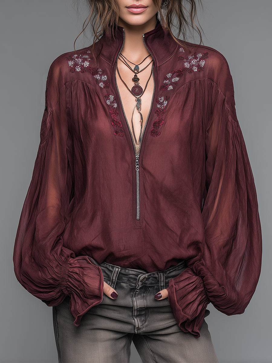 Bohemian Style Blouse With Front Zipper And Embroidery
