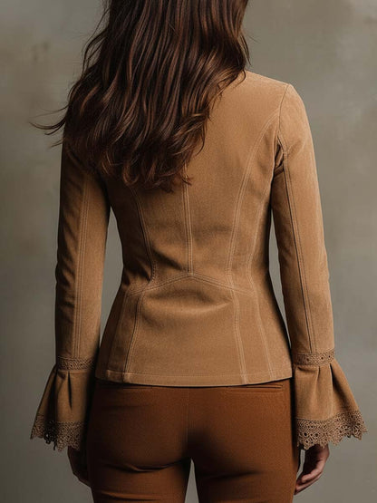 Sudan Brown Lace-Trimmed Eco-Suede Fitted Jacket