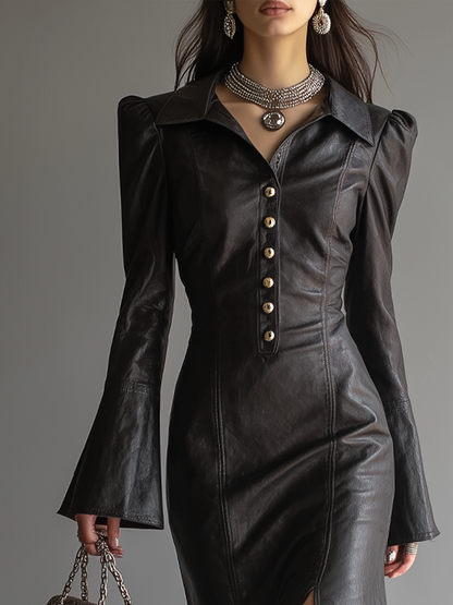 Retro Button Flare Sleeve Eco-leather Midi Dress