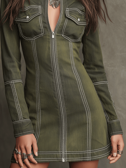 Boho Military Chic Olive Utility Mini Dress
