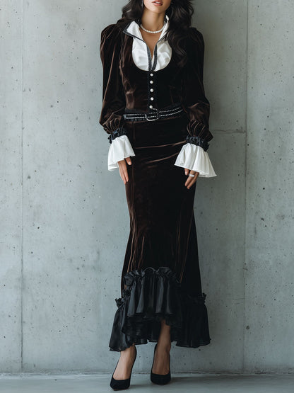 Victorian Dark Brown Velvet Buttoned Corset Maxi Dress With Ruffled Details