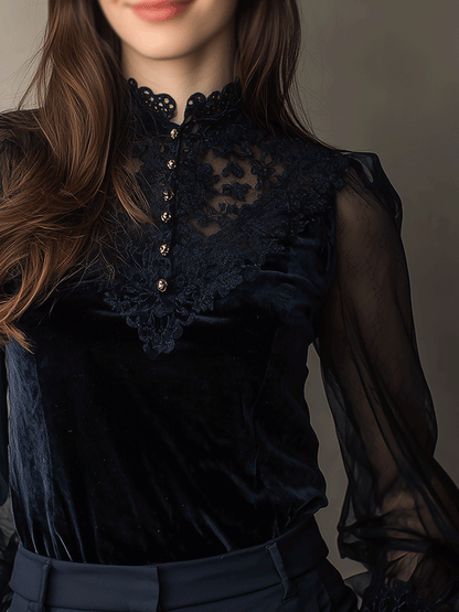 Elegant Navy Velvet Lace Panel Shirt