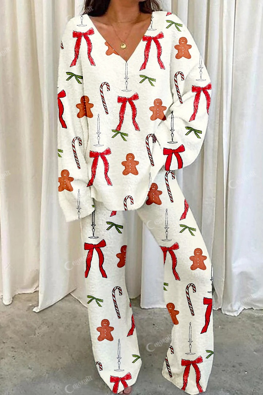 Women's Christmas Cane Candy and Bow Printed Casual Homewear Set