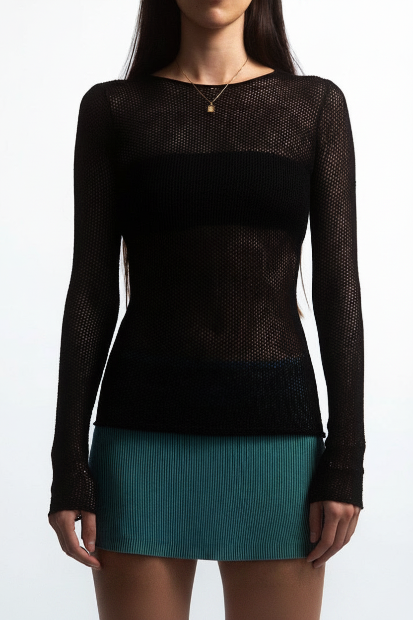 Summer Knitted Casual Women T Shirts Sexy Long Sleeve Hollow Out Y2K Top Beach Green Party Tee Outfits