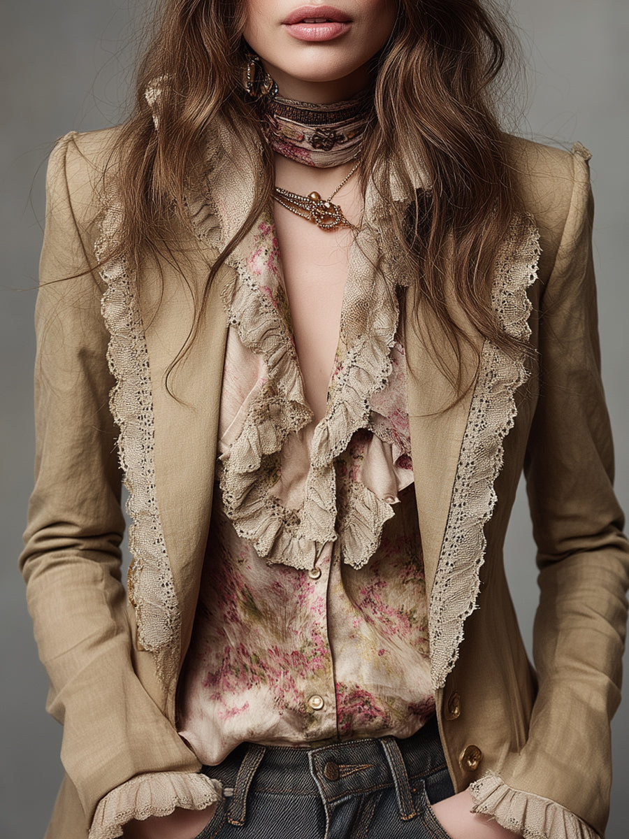 Bohemian Style Cotton And Linen Lapel Blazer With Lace Trim