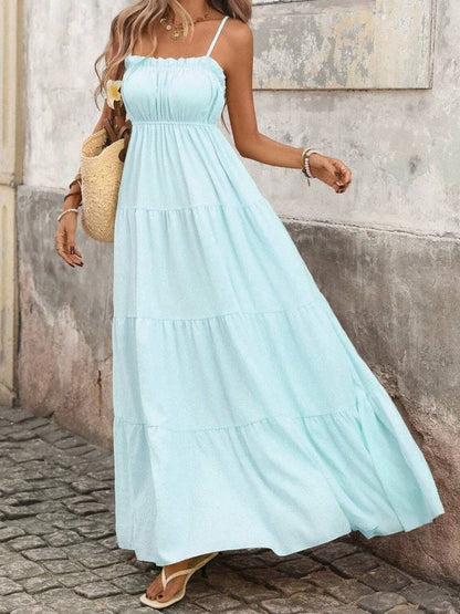 2026 European and American Ladies Spring and Summer French Style Vacation Sling Wooden Ear Tube Top Cinched Waist Long Texture Dress