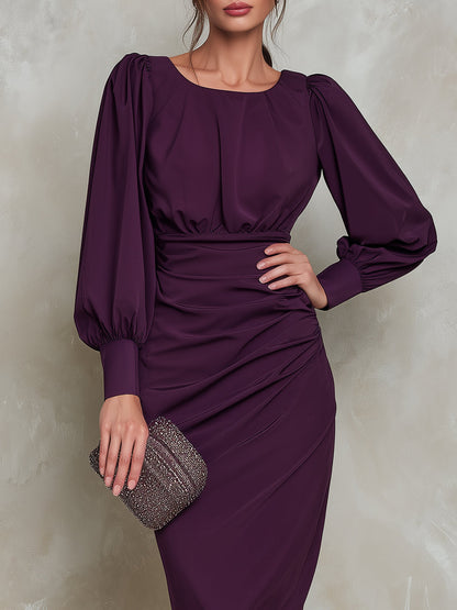 Ruched Waist Puff Sleeve Midi Dress