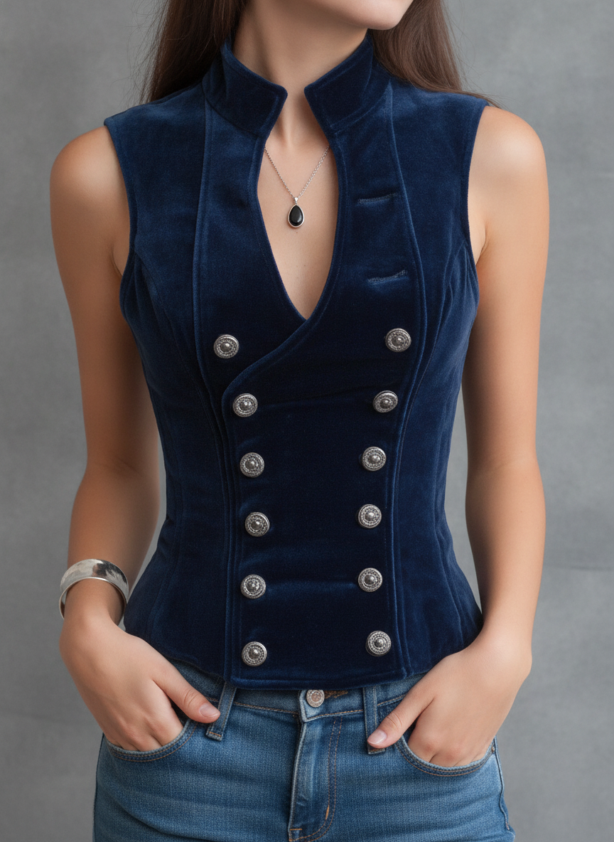 Vintage Stand Collar Button Velvet Vest