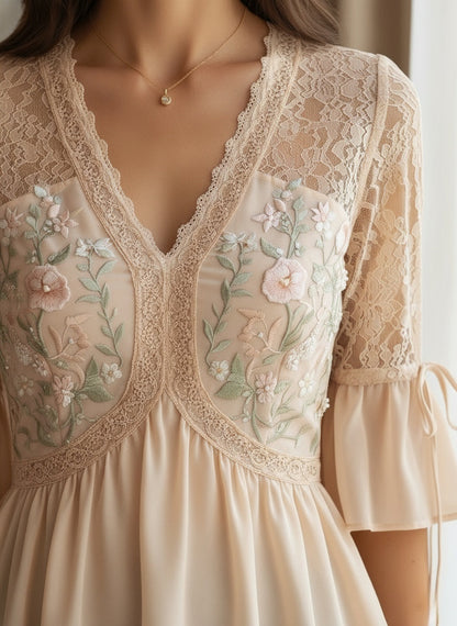 Elegant Floral Embroidered Lace Blouse - Chic V-Neck Design