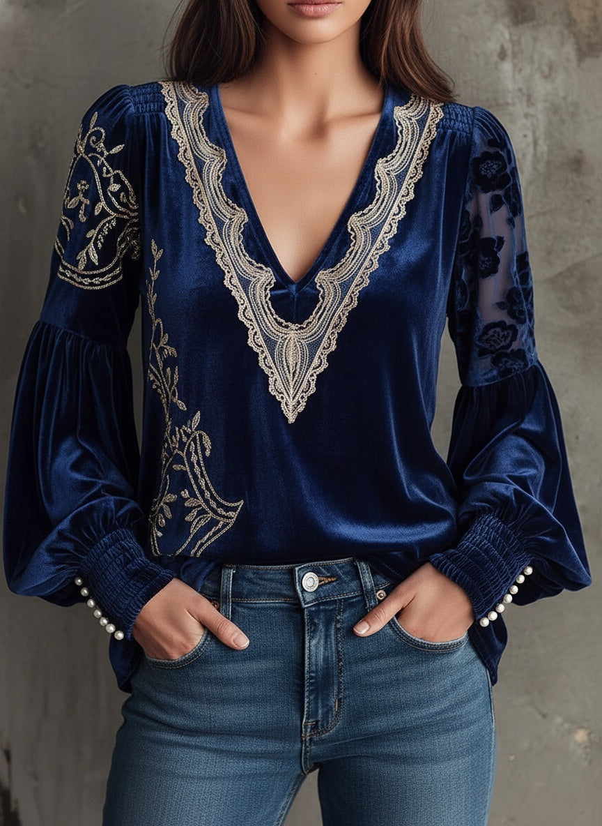 Elegant Velvet Embroidered V-Neck Blouse with Sheer Sleeves