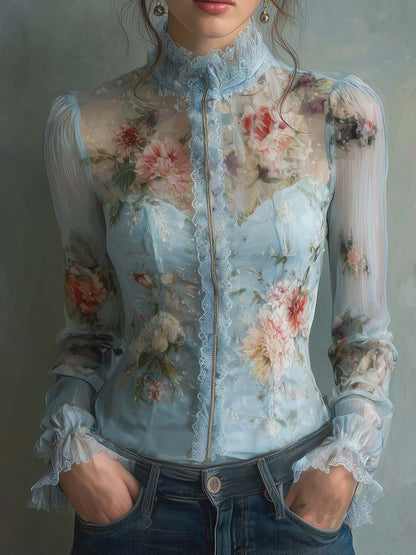 Vintage Oil Painting Floral Print Lace Blouse