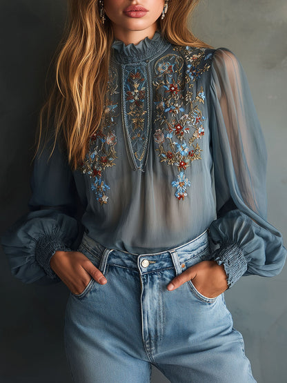 High Neck Smoky Blue Embroidered Chiffon Blouse With Sheer Sleeves