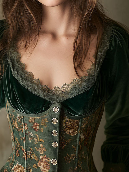 Emerald Green Velvet & Floral Lace-Trimmed Corset Blouse