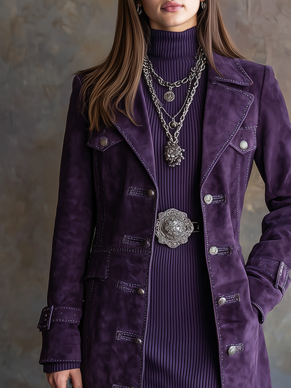 Vintage Flap Pockets Contrast Stitching Polyester Suede Coat