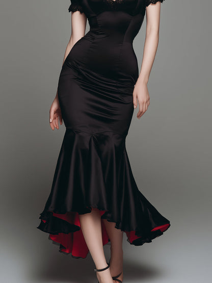 Elegant Satin Red Lined Fishtail Maxi Dress With Lace Trim