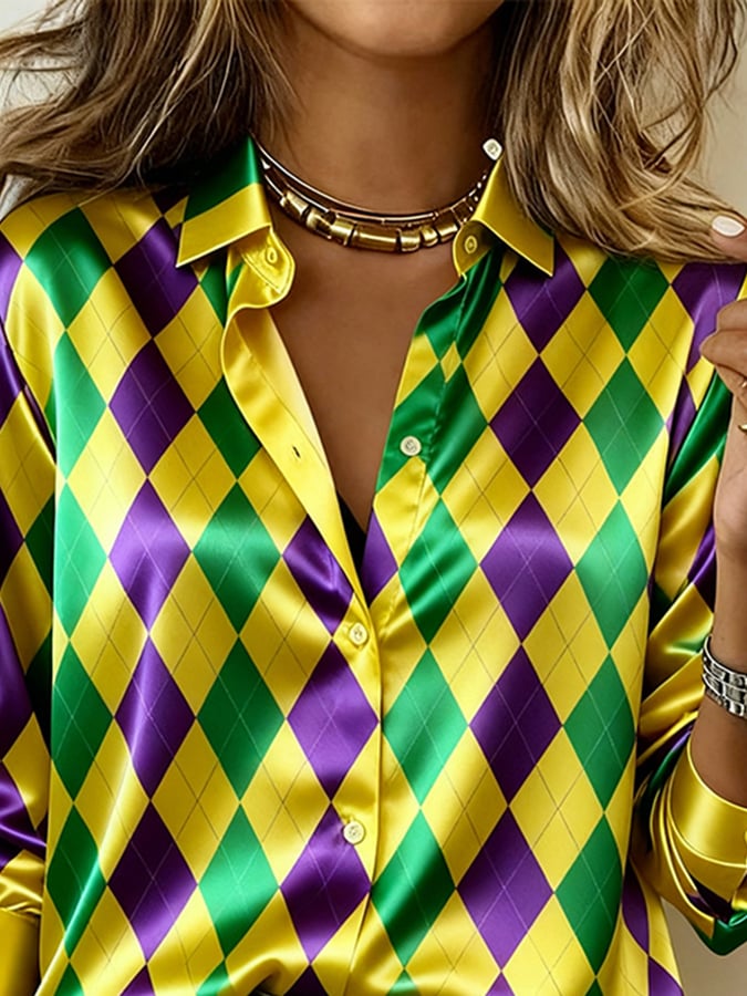 Women'S Casual Lapel Color-Block Printed Shirt
