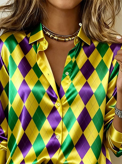 Women'S Casual Lapel Color-Block Printed Shirt