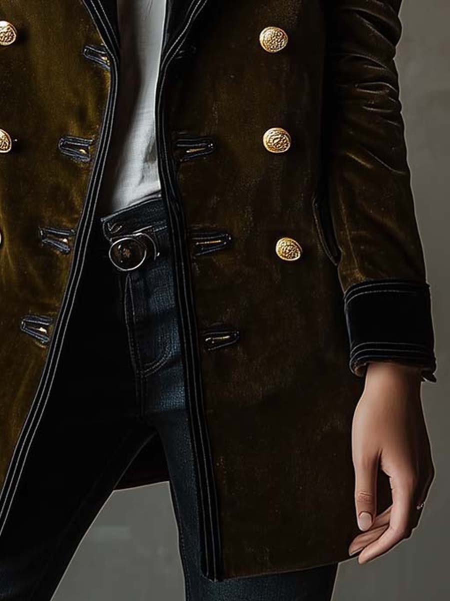 Olive Synthetic Velvet Double-Breasted Military Coat