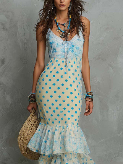 Boho Polka Dot Chiffon Maxi Dress With Tiered Ruffle Hem