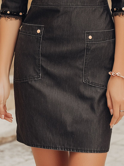 Vintage Beaded Denim Washed Pencil Mini Dress